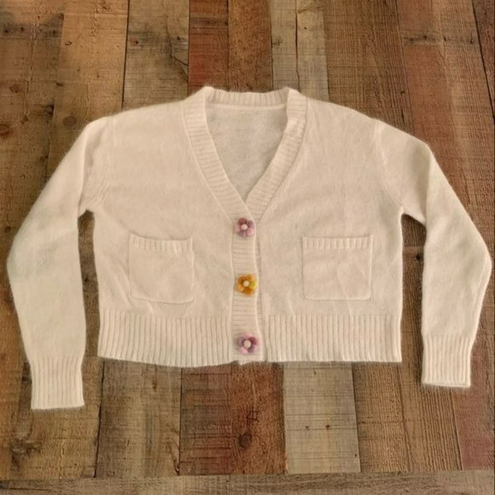 Sylphide womens v-neck button up knit angora sweater in cream - M